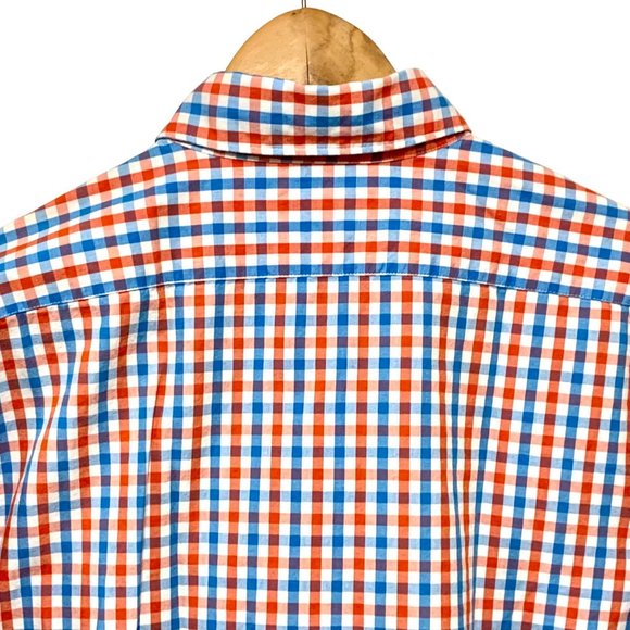 Express Fitted Shirt Medium Red Blue Plaid Long Sleeve Button Up Cotton - Picture 5 of 10